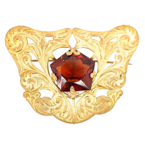 Antique Art Nouveau Gold Wash Brooch with Large Amber Glass Stone - Picture 1 of 9